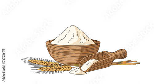 A wooden bowl overflowing with flour, a scoop of flour, and wheat stalks on a white background.