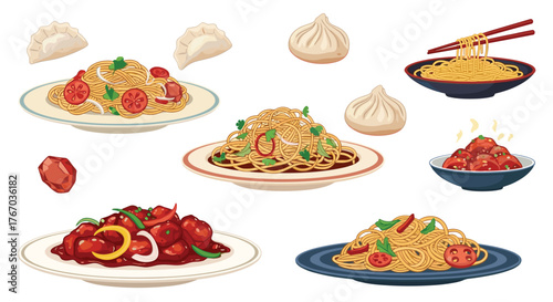 Collection of delicious Asian food dishes and dumplings on white background.