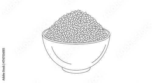 Line art drawing of a bowl filled with rice grains piled high in a mound.