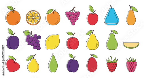 A colorful collection of various fruits and berries arranged in rows on a white background.