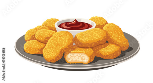 Plate of golden brown chicken nuggets with a small bowl of ketchup.