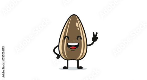Cute cartoon sunflower seed character making a peace sign with a happy expression.