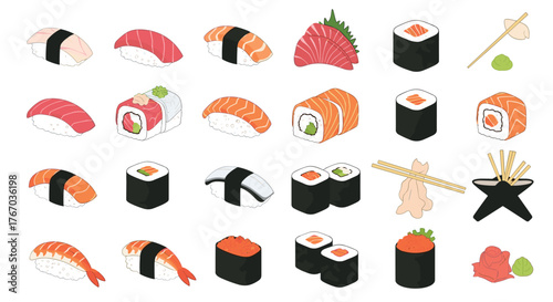 A colorful and diverse collection of various types of sushi displayed on a white background.