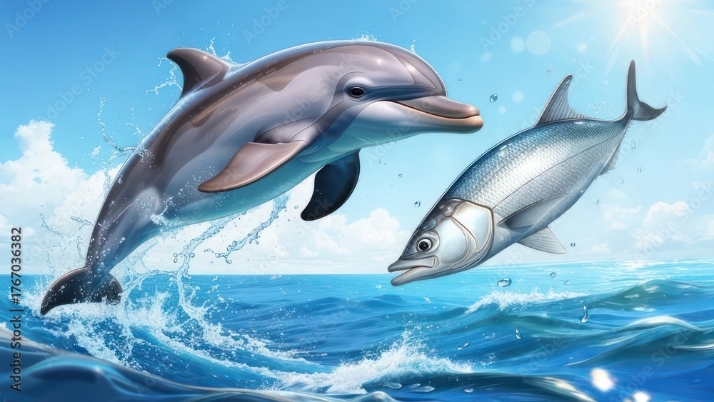 Fototapeta premium Dolphin and Fish Jumping Out of the Ocean in a Sunny Day.
