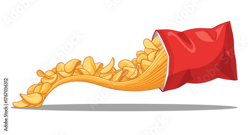 A red bag of potato chips spills out onto a white surface in a cascade.