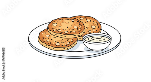 Plate of golden brown pancakes served with a side of dipping sauce.