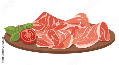 Thinly sliced cured ham and a slice of tomato with basil on a wooden board.