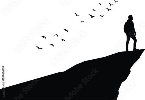 Person standing on cliff with birds silhouette cartoon illustration, symbolic adventure and expressive gesture artwork for lifestyle and design
