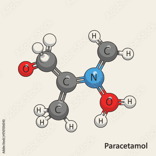 Ball-and-stick model illustration of the chemical structure of paracetamol, a common pain reliever and fever reducer.