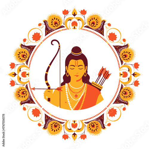 A detailed illustration of Lord Rama, a central figure in Hinduism, holding a bow and arrow.