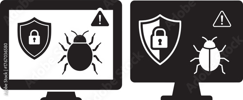 Computer security threat alert with bug and lock icon