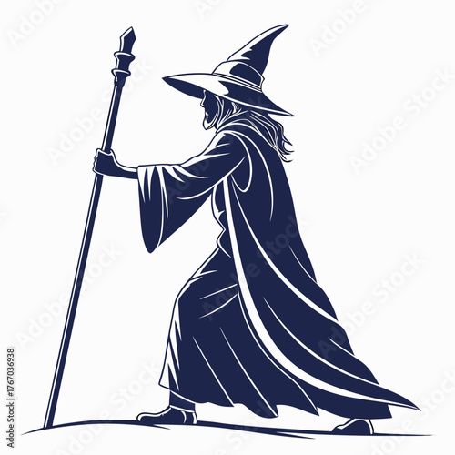 Wizard with a staff walking through the forest