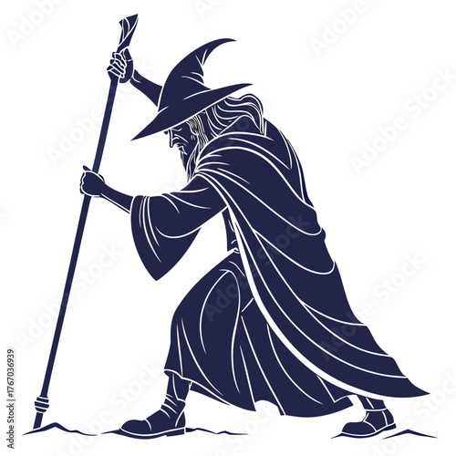 Old wizard with a staff walking through the forest