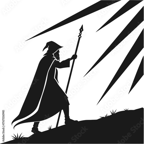 Wizard with a staff walking up the hill