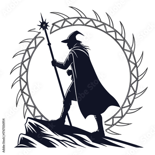 Silhouette of a wizard standing on a rock