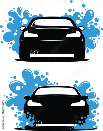 Two black cars splashing through blue water