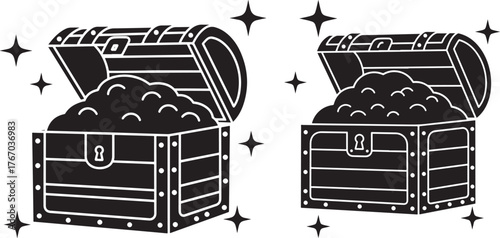 Two open treasure chests overflowing with gold coins and sparkles