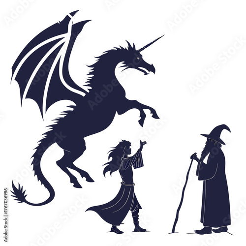 Silhouettes of a dragon, wizard and sorceress