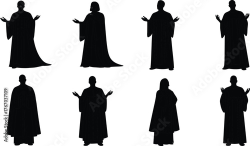 Robed figures in expressive poses silhouette cartoon illustration, symbolic ritual and stylized gesture artwork for lifestyle and design