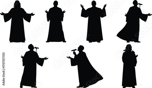 Robed figures performing with microphones silhouette cartoon illustration, symbolic expression and emotional storytelling artwork for lifestyle and design