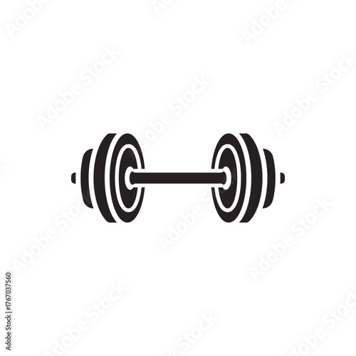 Simple black dumbbell weight icon in a solid silhouette style. A minimalist vector graphic for gym, fitness, and strength training