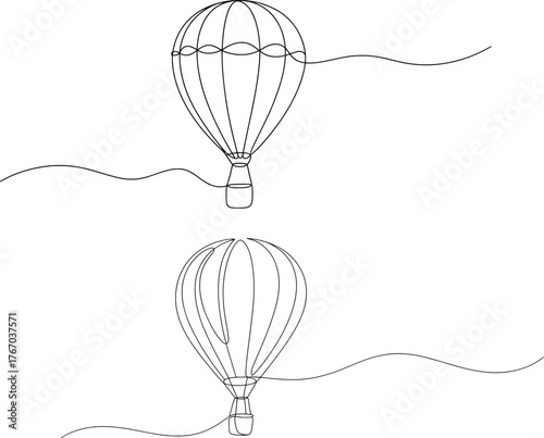Hot Air Balloon Line Art Minimalist Sky Travel Illustration.