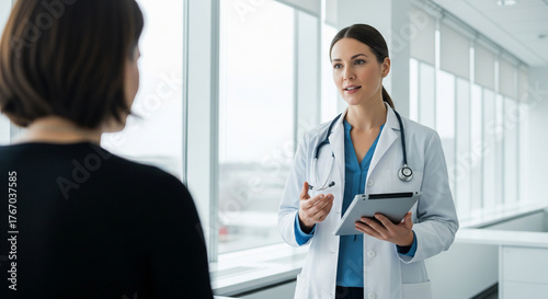 Female doctor, digital tablet talking to patient in modern clinic, healthcare professional consultation, telemedicine, hospital marketing, medical technology, doctor-patient communication concept