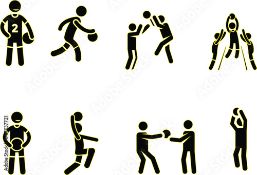 Outline Basketball Player Action Icons with Net and Hoop