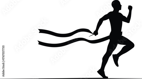 Runner crossing finish line silhouette cartoon illustration, symbolic victory and expressive gesture artwork for lifestyle and sports design