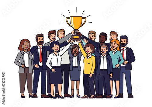 ​A diverse group of triumphant business people is celebrating a victory