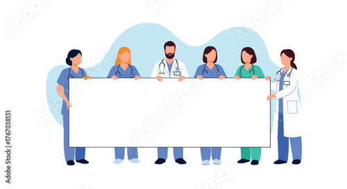Diverse group of medical professionals, including doctors and nurses, stands together holding a large blank white sign for a message.