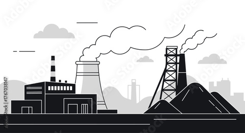 Industrial landscape featuring factories, a prominent cooling tower, and a coal mine with smoking chimneys, illustrating energy production and environmental concerns.