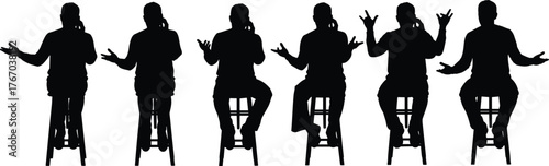 Seated figure with expressive hand gestures silhouette cartoon illustration, symbolic communication and emotional storytelling artwork for lifestyle design