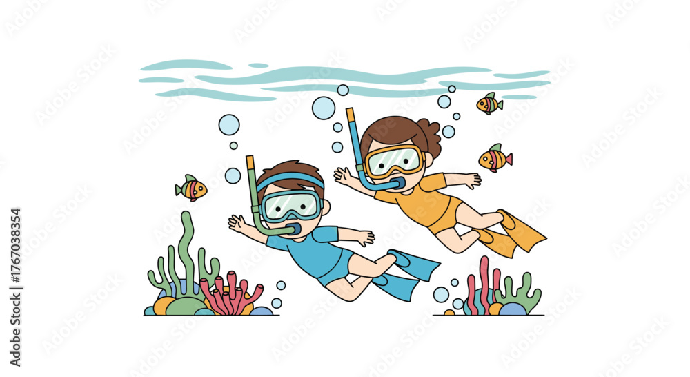 Fototapeta premium Two happy children in snorkeling gear explore the vibrant coral reef and swim with colorful fish in the clear blue sea.