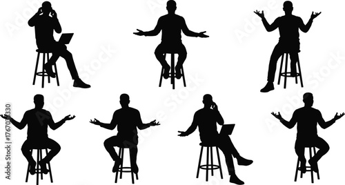 Seated figure with expressive gestures and devices silhouette cartoon illustration, symbolic communication and lifestyle artwork for design