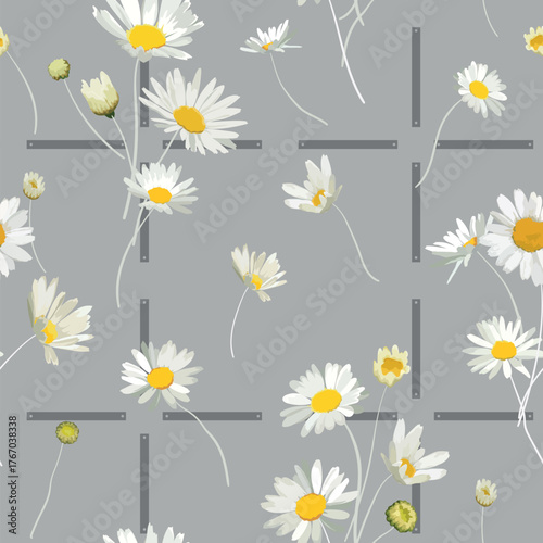 Floral Pattern Design Featuring Delicate Daisies and Subtle Geometric Accents for Textile Prints and Surface Coverings