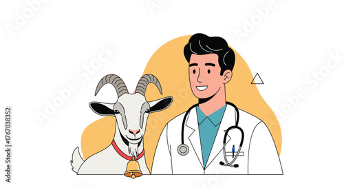 A friendly male veterinarian with a stethoscope stands next to a happy goat wearing a bell collar, symbolizing veterinary care and animal health.
