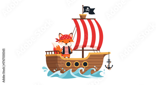 Adorable cartoon pirate fox sailing the high seas on a charming wooden ship with a striped sail and a Jolly Roger flag.