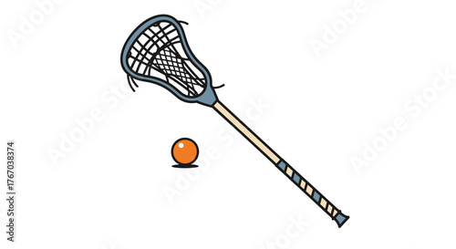An illustration of a blue and beige lacrosse stick with an orange ball, representing sports equipment, isolated on a white background.
