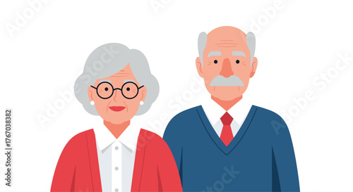 A friendly, smiling elderly couple, a woman with glasses and a man with a mustache, standing together in a warm illustration.