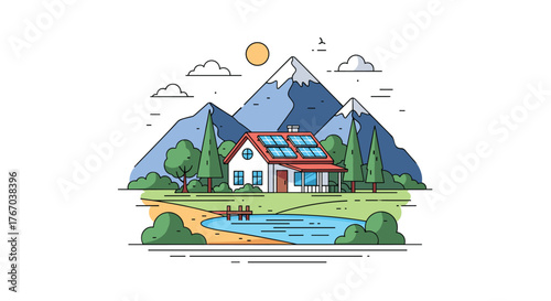 A cozy house with solar panels sits by a serene lake, surrounded by lush trees and majestic mountains under a bright sun, symbolizing sustainable living.