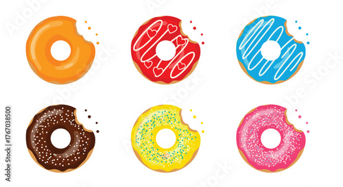 A vibrant assortment of six delicious, bitten donuts, featuring colorful glazes, sprinkles, and unique decorations on a clean white background.