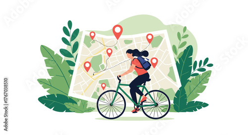 A woman on a bicycle navigates a planned route on a city map, highlighting eco-friendly travel and urban exploration.
