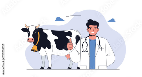 A smiling male veterinarian in a lab coat gives a thumbs-up while standing next to a healthy Holstein cow, symbolizing professional animal care.
