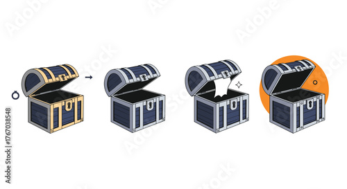 Conceptual illustration of a treasure chest transformation from golden to silver, revealing a magical white item, symbolizing discovery and reward.