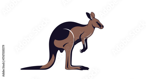 A stylized illustration of a brown and dark blue kangaroo standing upright on its hind legs, showcasing its distinctive marsupial form.