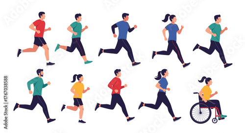 Diverse group of men and women, including a person in a wheelchair, running and jogging, showcasing inclusivity in physical activity.