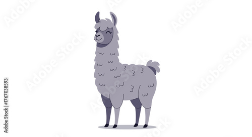 A cheerful grey llama with a fluffy coat and a friendly face is depicted in a simple cartoon style on a white background.