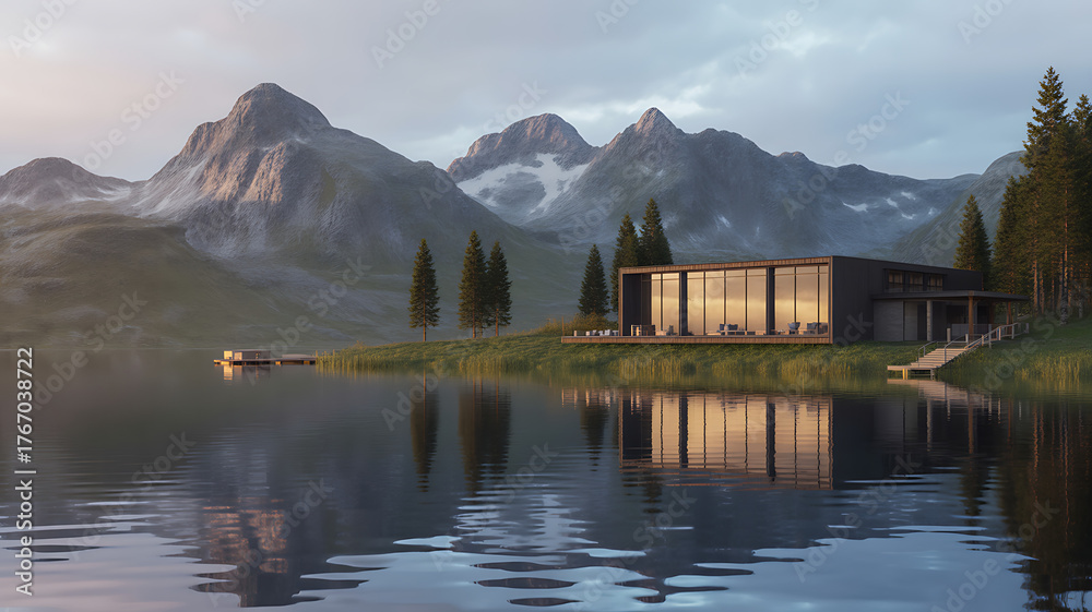 Fototapeta premium Modern glass lodge on calm lake reflecting snow capped mountains and pine trees architecture water