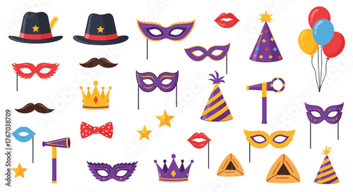 Assortment of vibrant party and carnival props, masks, hats, and traditional Purim cookies for festive occasions.